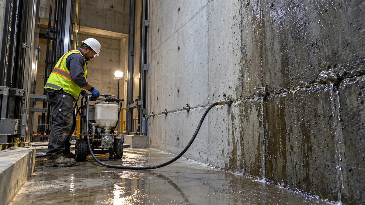 elevator-pit-waterproofing-methods آب بندی چاله آسانسور به روش تزریق رزین پلی یورتان توسط تکنسین متخصص